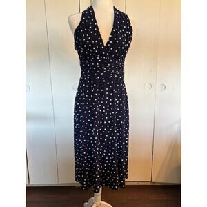 Evan Picone Navy Polka Dot Halter Dress Ruched Waist Full Skirt Stretch Size 8